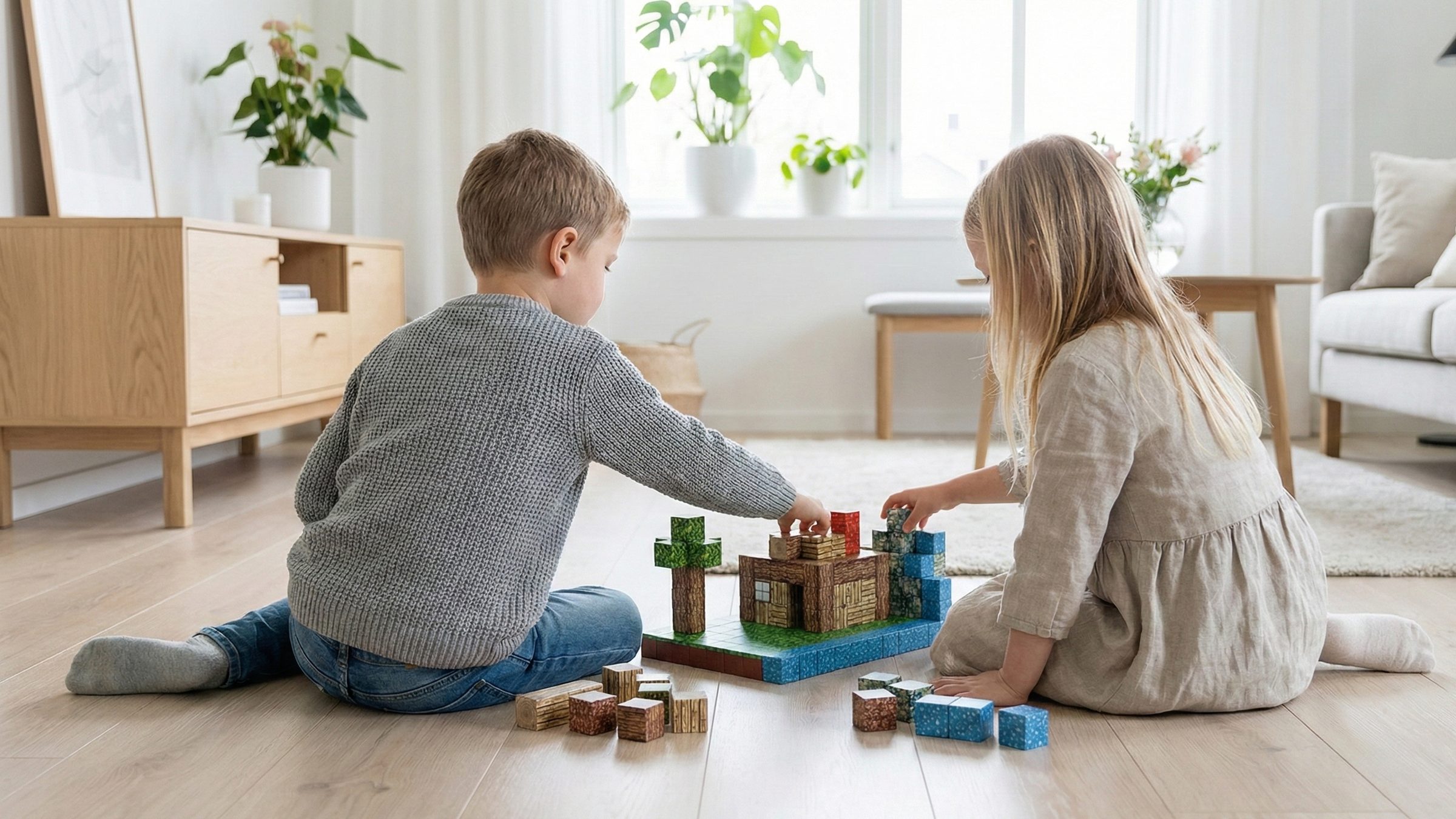 To barn sitter på gulvet og bygger et hus med Klikkodilla magnetiske klosser